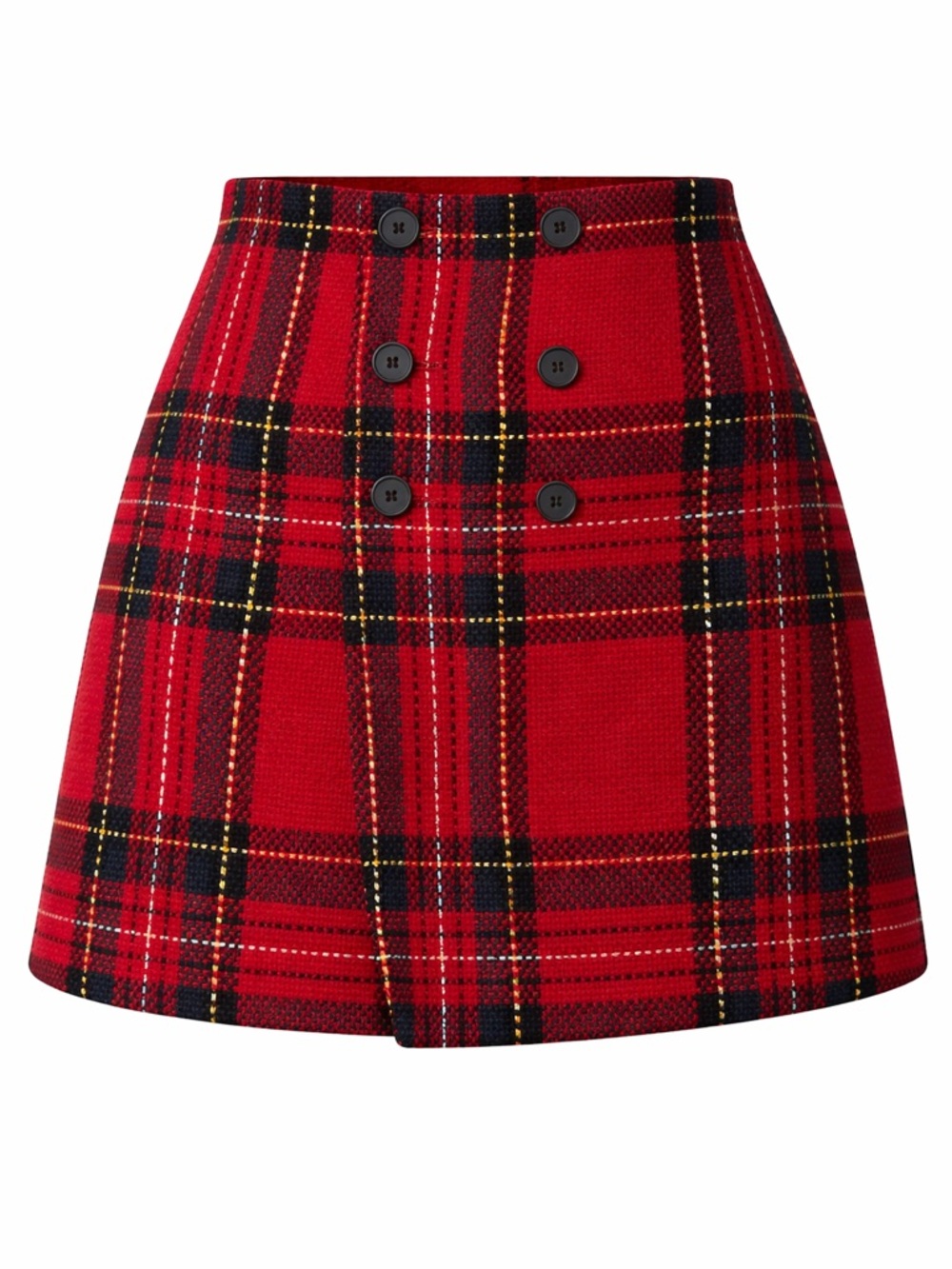 MANGO Red Tartan Mini Skirt – High Waist A-Line Skirt with Button Detail for Wo